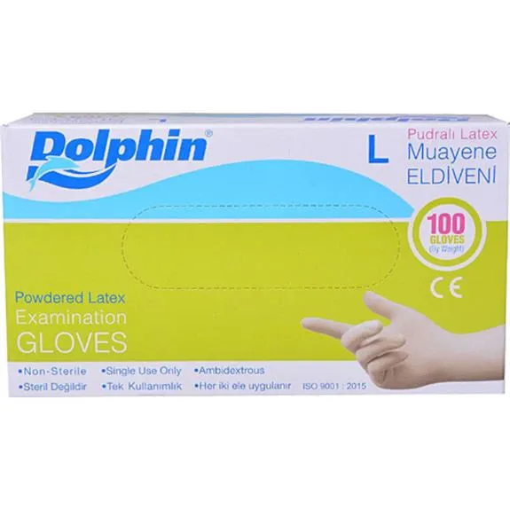 Dolphin Beyaz Muayene Eldiveni Pudralı 100 Lü (L)