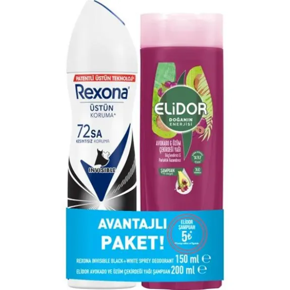 Rexona Kadın Deodorant Sprey 150 Ml Invisible Black+Elidor Şampuan 200 Ml Avokado